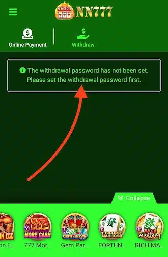 Step 2: You get a notification that the withdrawal password has not been set.